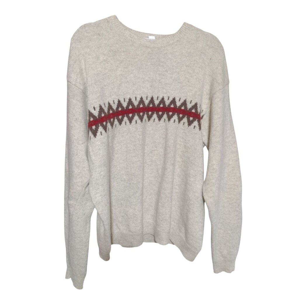 Y2K Old Navy XL Beige Lambswool Crewneck Sweater Red & Black Fair Isle Pattern